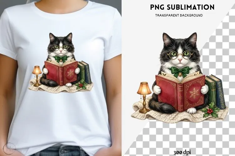 Christmas bookish cat png design for T-shirts