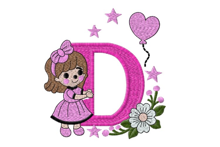 Letter D Girl Machine Embroidery Design example image 1