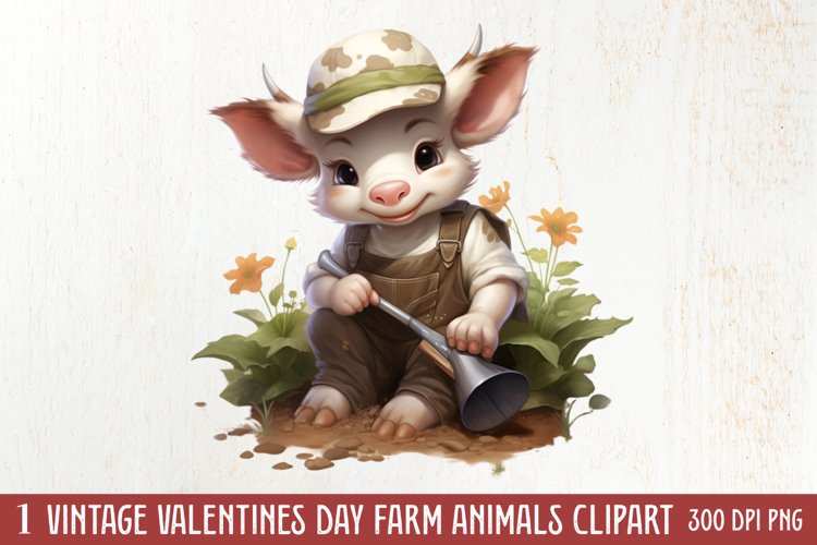 Vintage Valentines Farm Animals Clipart, Valentines Couple