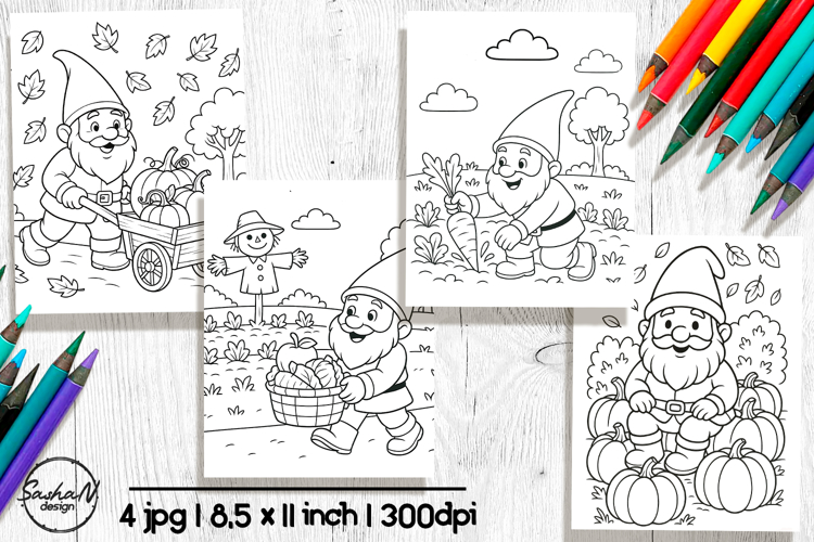 Garden gnome coloring pages, Autumn harvest