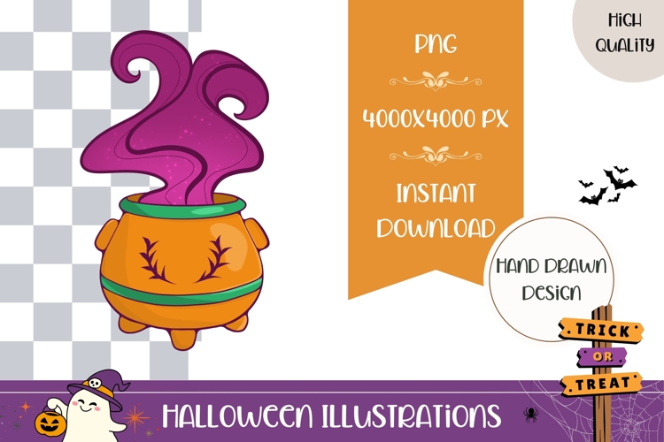 Hand Drawn Halloween Illustration, Cartoon Witch Cauldron