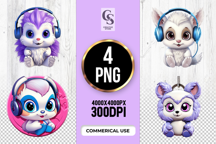 Cute Baby Animals With Headphones Clipart Sublimation PNG