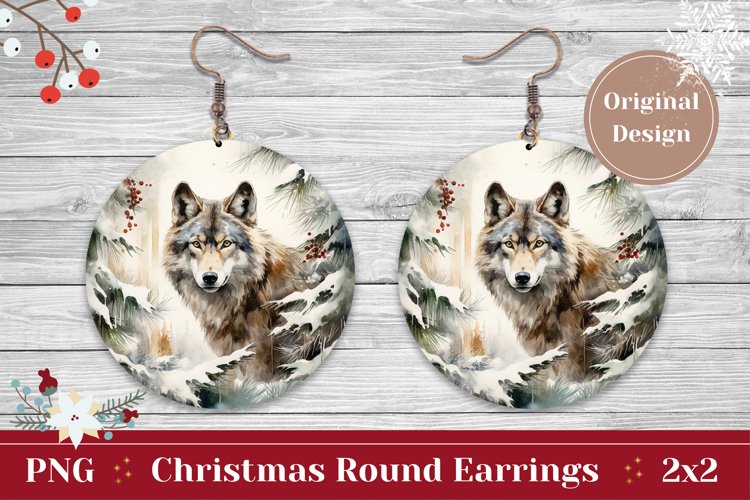 Christmas Earring, Watercolor Winter Wolf Sublimation example image 1