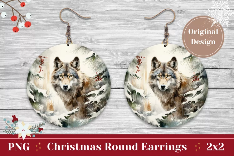 Christmas Earring, Watercolor Winter Wolf Sublimation
