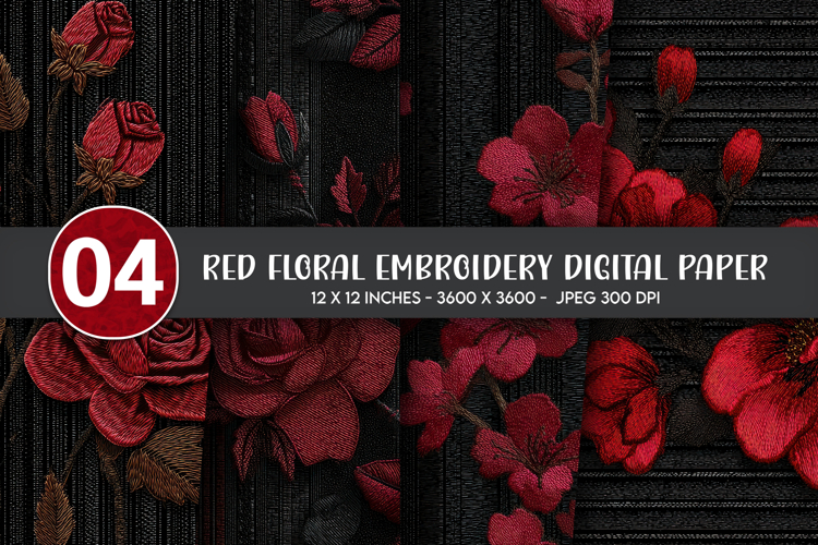 Red Floral Embroidery Digital Paper
