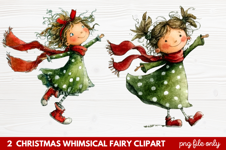 2 Christmas Whimsical Fairy Clipart | Cute Holiday Fairies