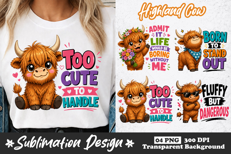 Highland Cow Sublimation Design Bundle | Cute Cow PNG example image 1