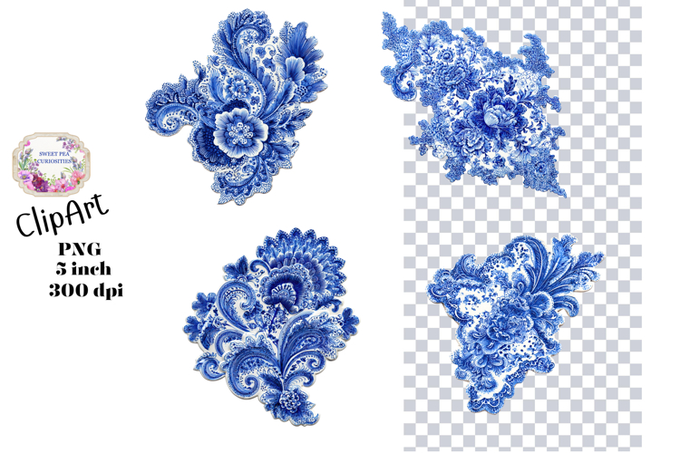 Blue Toile, Ephemera, PNG, Clipart, Junk Journal, flowers