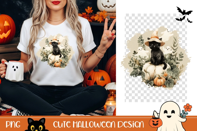 Halloween Black Cat PNG, Cartoon Halloween T-Shirt Print