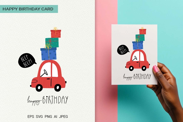 Kids Car Happy Birthday Card | EPS SVG PNG JPG AI