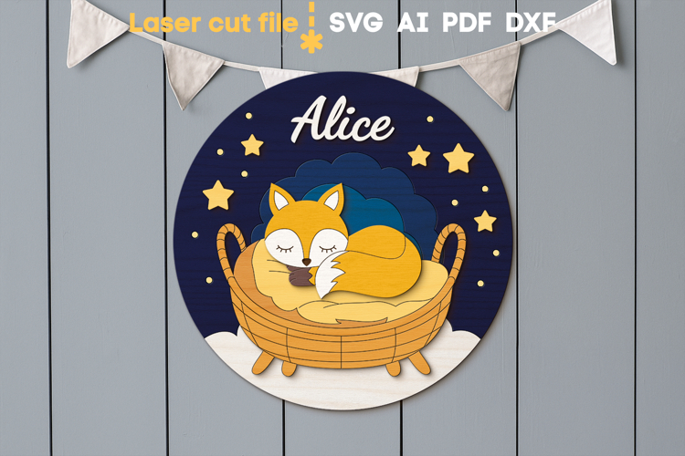 Fox Baby Name Sign SVG laser cut file for Glowforge