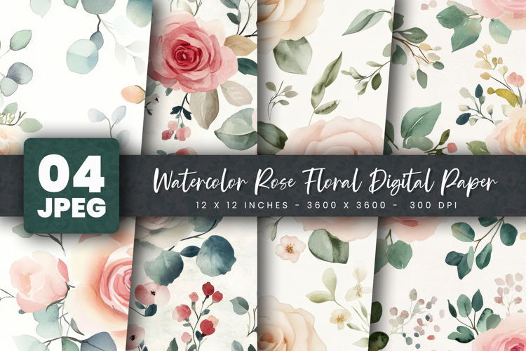 Watercolor Rose Floral Digital Paper
