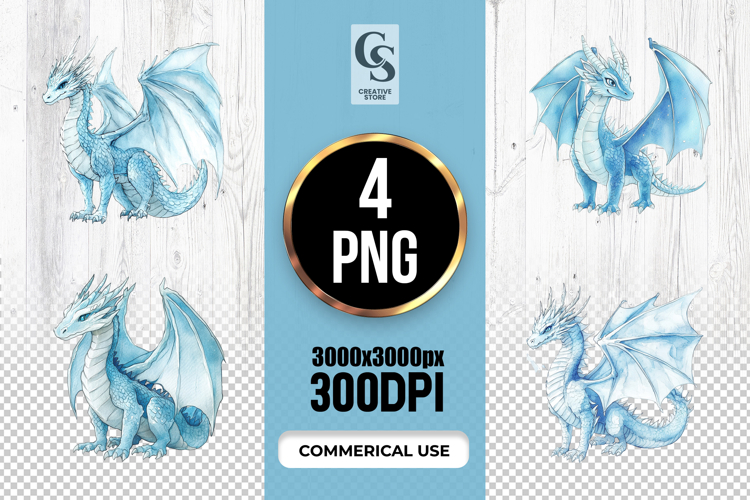 Watercolor Blue Ice Dragon Clipart Sublimation PNG