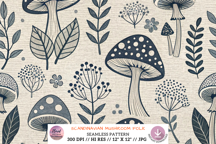 Scandinavian Mushroom Folk Scrapbook Paper, Digital Paper