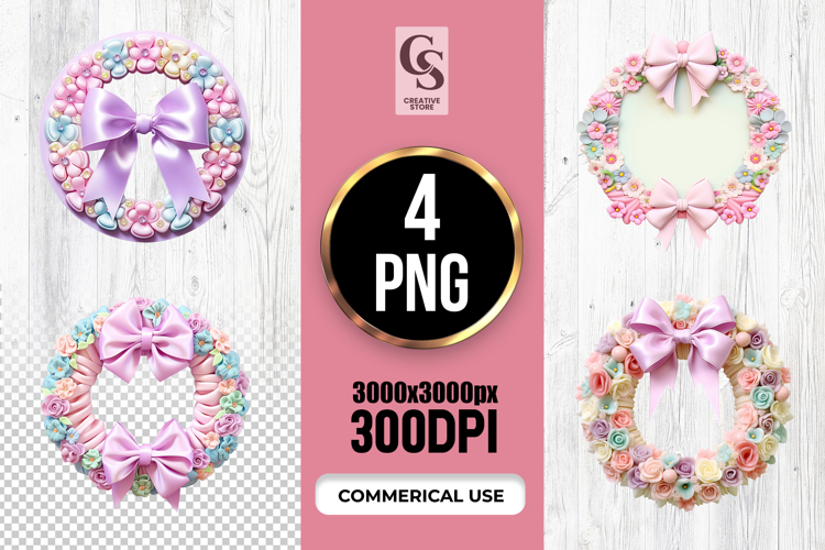 Floral Wreath with Ribbon Bow PNG
