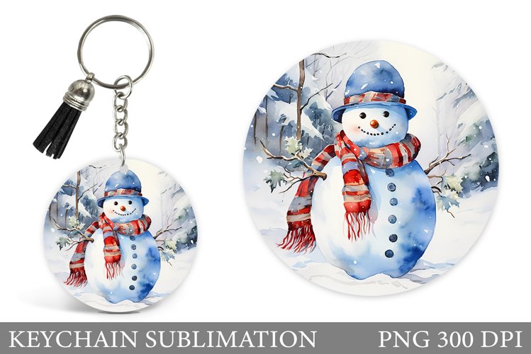 Snowman Round Keychain. Watercolor Snowman Keychain