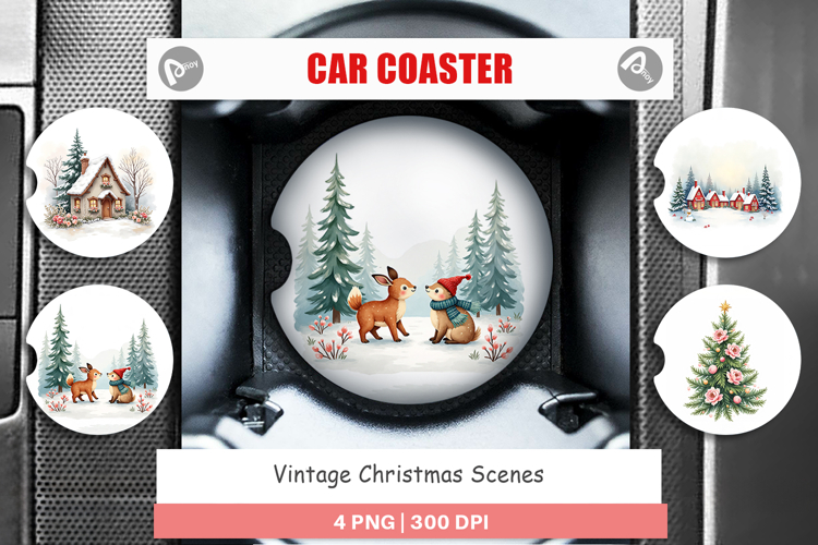 Car Coaster Vintage Christmas Scenes Watercolor