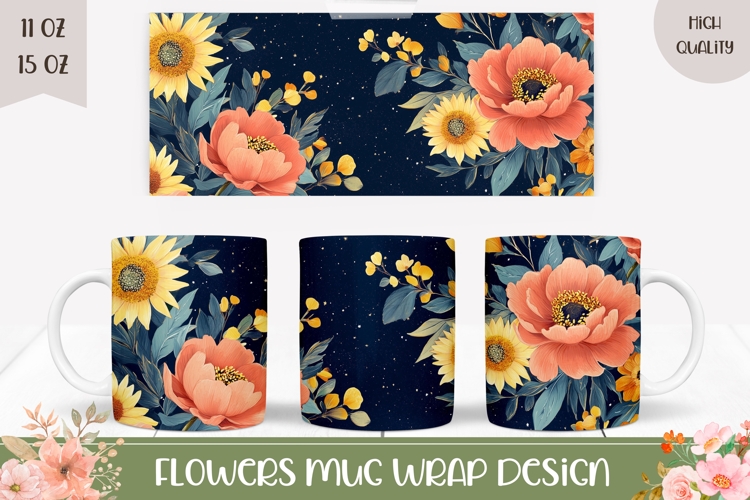 Cartoon Flowers Mug Wrap, Floral Mug Sublimation
