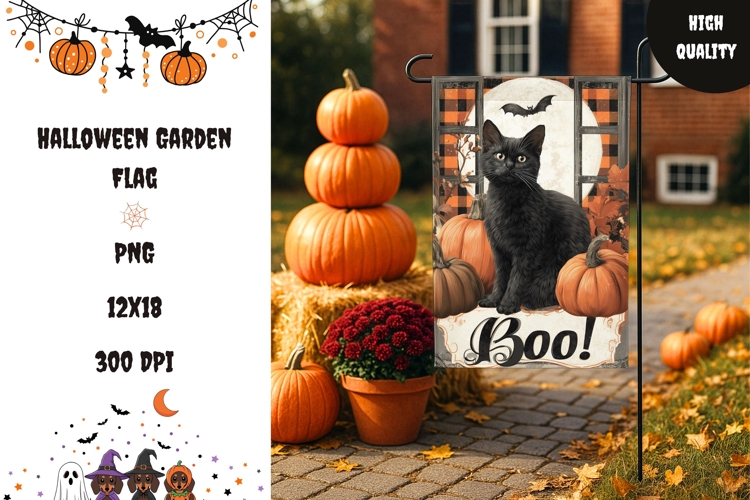 Boo Halloween Garden Flag, Halloween Cat Garden Flag PNG