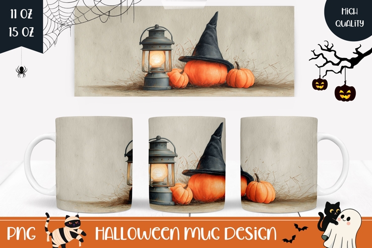 Watercolor Halloween Mug PNG, Halloween Pumpkins Mug Design