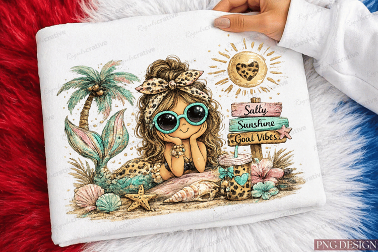 salty Sunshine Good Vibes PNG Design, Cute Mermaid Girl PNG example image 1