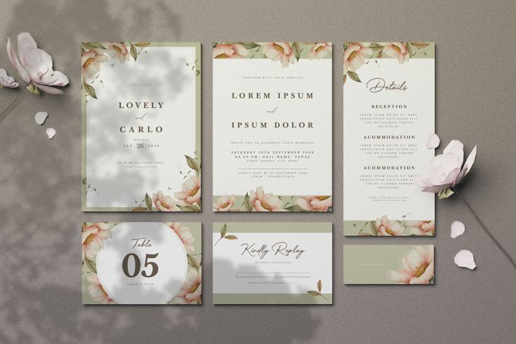 wedding invitation card set with beautiful floral watercolor