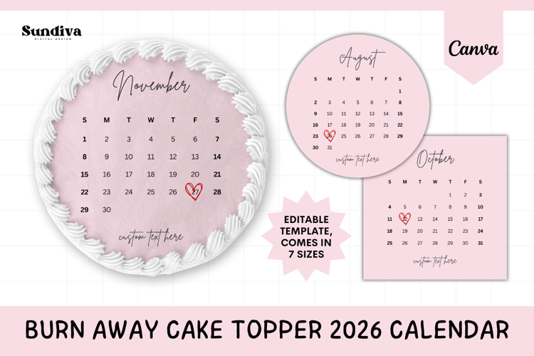 Editable Burn Away Cake Topper 2026 Calendar Canva Template