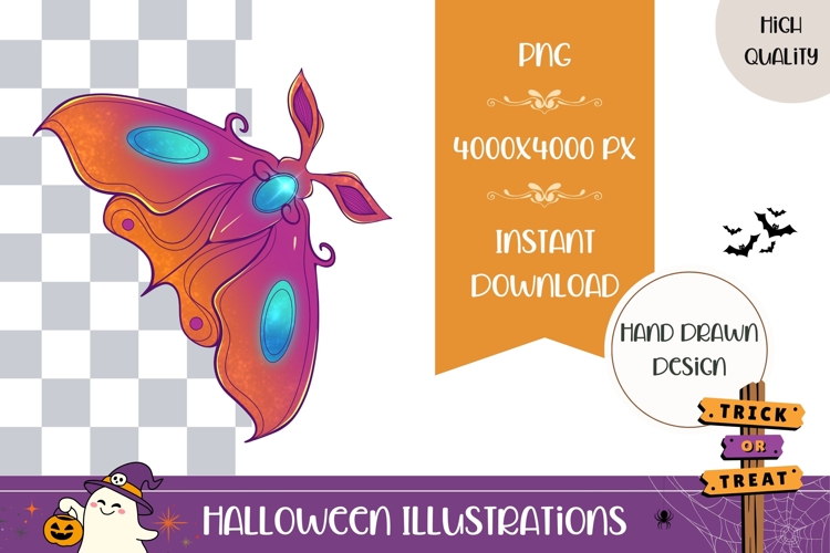 Hand Drawn Halloween Illustration, Cartoon Moth PNG