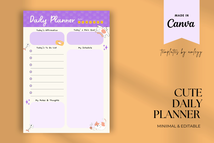 FREE Cat Themed Cute Daily Planner | Editable Canva Template