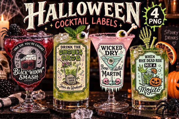 Halloween Cocktail Labels PNG, Spooky Undead Drinks example image 1