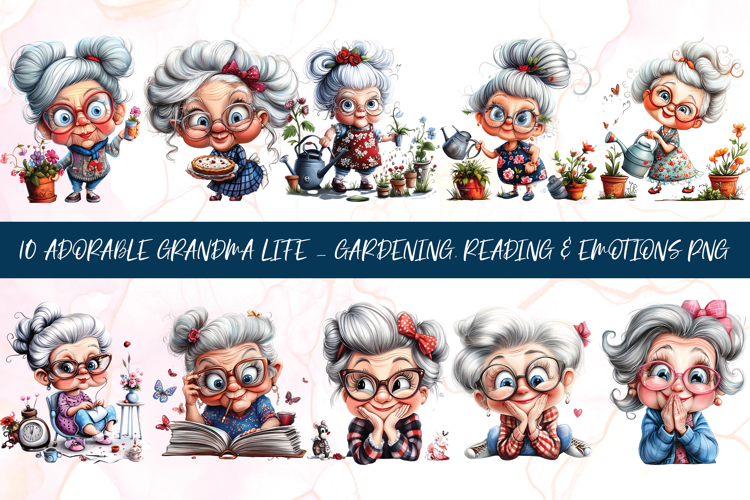 Adorable Grandma Reading & Gardening Clipart Sublimation PNG example image 1