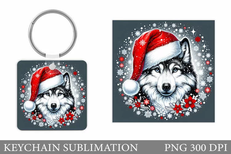Christmas Wolf Keychain. Christmas Keychain Sublimation