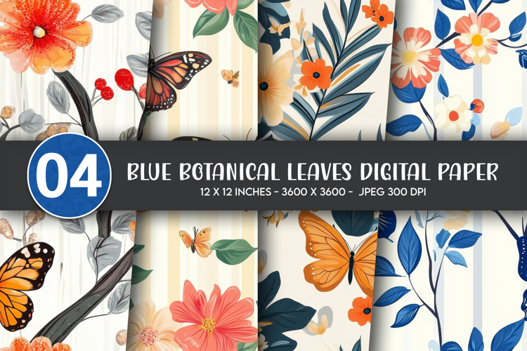 Blue Botanical Leaves Digital Paper