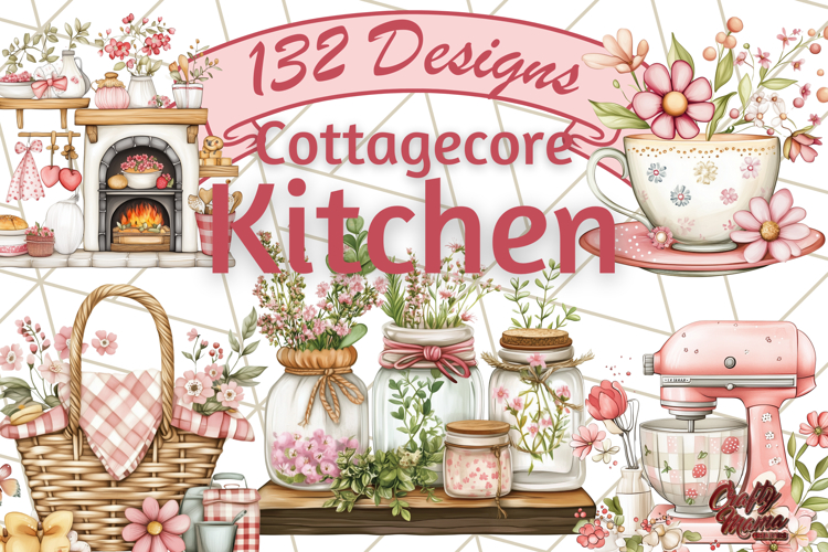 Cottagecore Kitchen Clipart, Vintage Floral Kitchen PNG