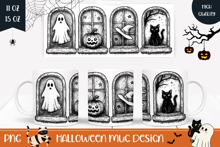Halloween Pumpkin Mug Wrap, Halloween Ghost Mug Design