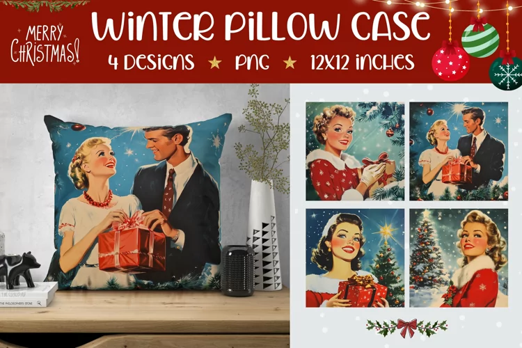 Retro Christmas Woman Pillowcase, Christmas Pillow Designs