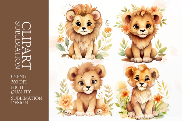 Watercolor floral lion sublimation clipart png