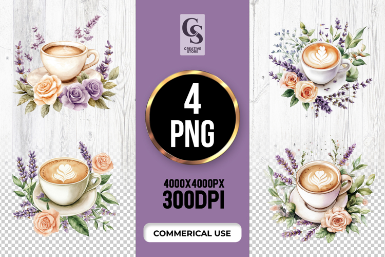 Lavender Coffee Cup Floral Clipart Sublimation PNG