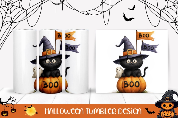 Boo Halloween Cat Tumbler, Cartoon Pumpkin Tumbler Template