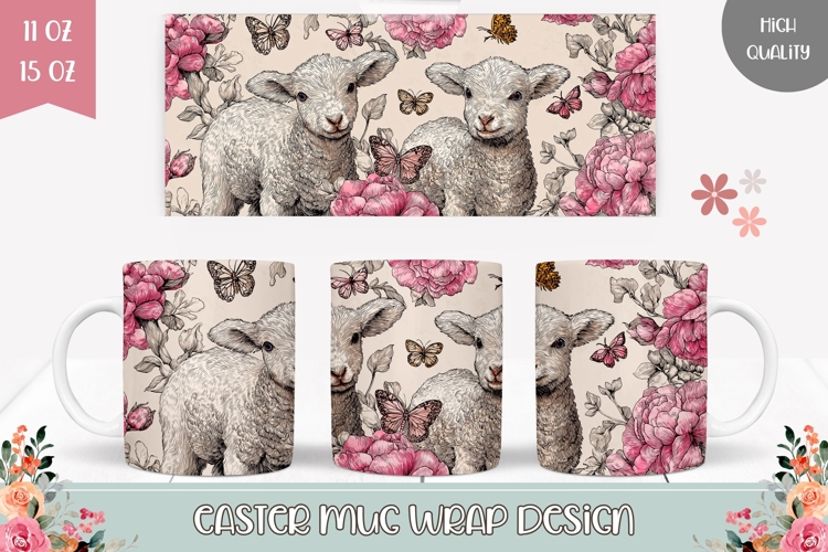 Floral Easter Lamb Mug Design, Easter Mug Sublimation