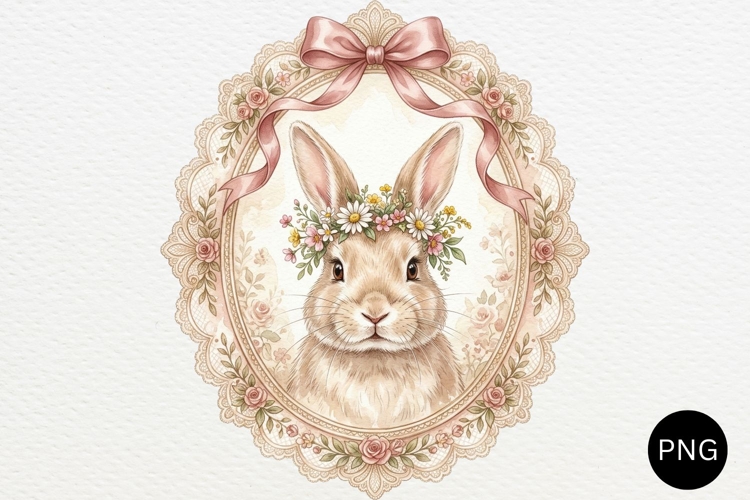 Vintage Easter Bunny in Lace Frame Coquette PNG