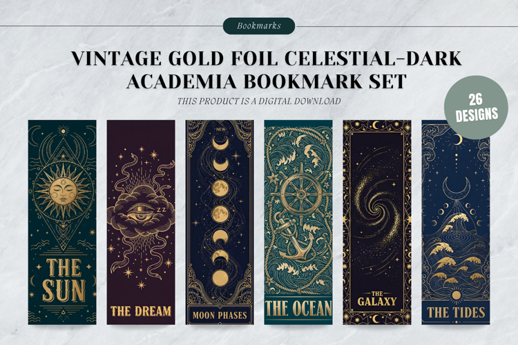 Vintage Gold Foil Celestial Bookmark Set,Antique Moon & Star