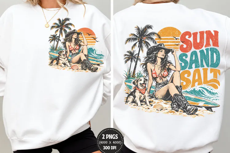 Sun Sand Salt Front Back Shirt PNG, Beach Cowgirl Front Back