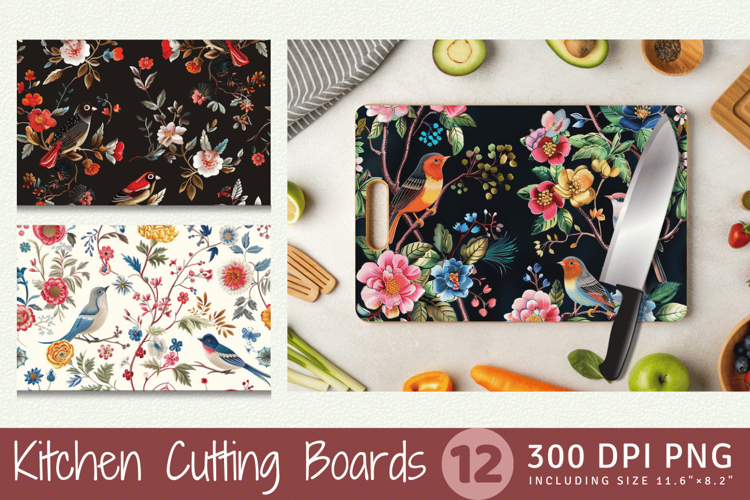 Floral Birds Embroidery Cutting Boards sublimation Design