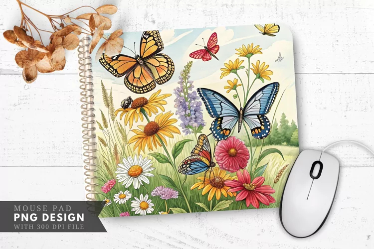 Butterfly and Floral Field Guide Mouse Pad PNG Design