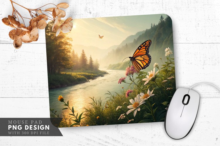 Butterfly Bliss in Natures Embrace Mouse Pad PNG Design