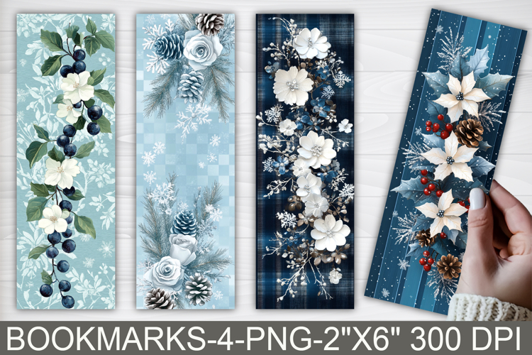 Christmas Blue Floral Bookmarks Printable