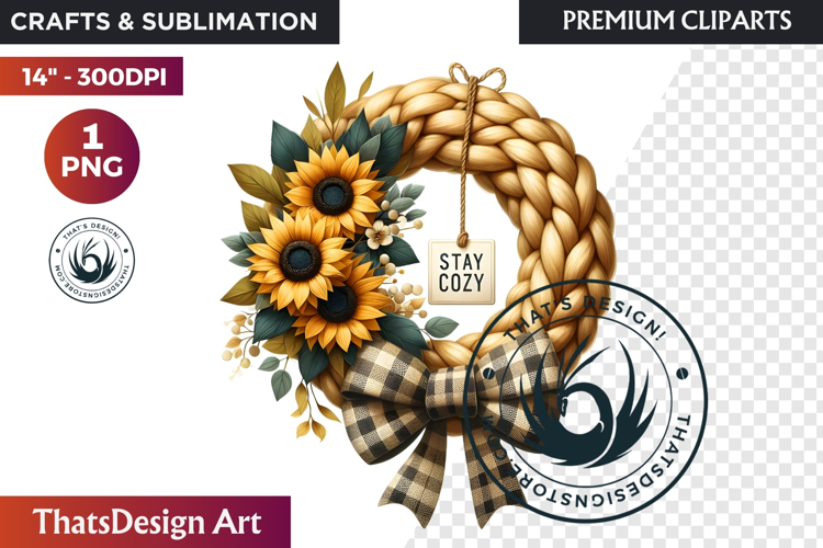 Cozy Autumn Wreath - Boho Farmhouse Fall Clipart PNG
