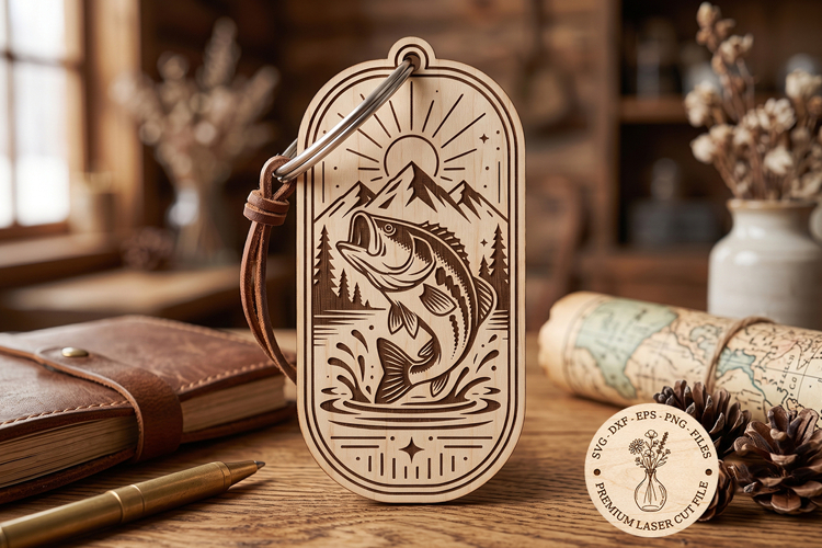 Bass Fishing Keychain SVG | Laser Cut Wooden Keychain File