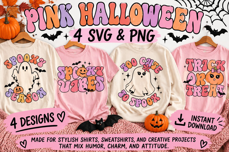 Pink Halloween SVG PNG, Retro Girly Ghost & Pumpkin example image 1
